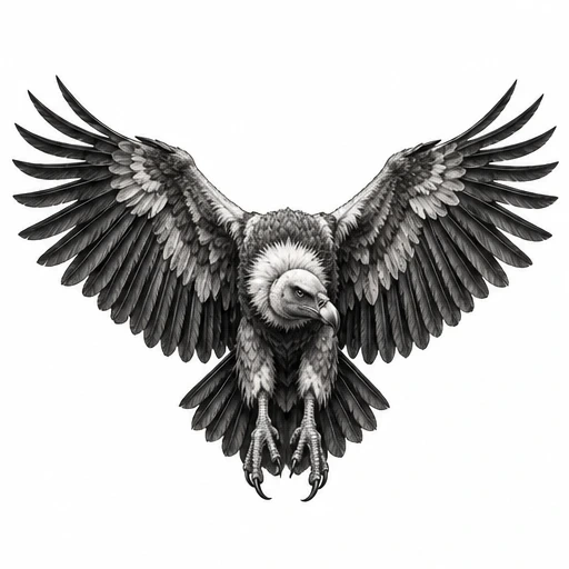 Black and grey tattoo of a vulture with wings spread wide, detailed feathers, and claws extended
