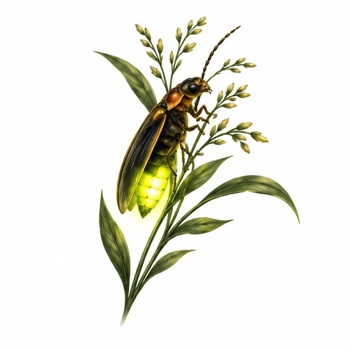 Realistic firefly with glowing abdomen on green leafy plant with buds