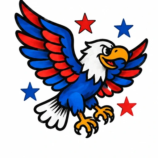 Cartoon eagle tattoo in red, blue, white, and yellow with flying pose surrounded by red and blue stars