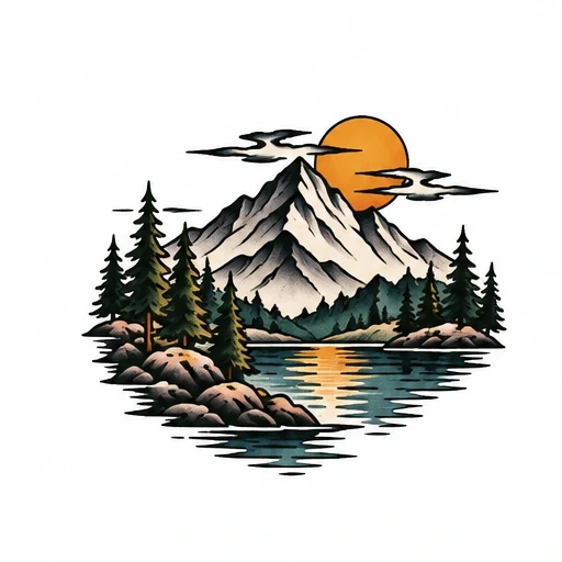 Tattoo design of mountain landscape with pine trees, rocky shore, lake reflecting orange sun and clouds.