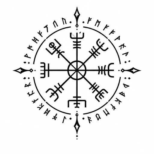 Black Vegvisir tattoo with rune circle and diamond cardinal points