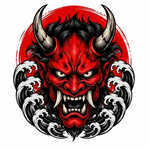 Red Japanese Oni demon mask with large horns, tusks, black hair, surrounded by stylized ocean waves and red circle background