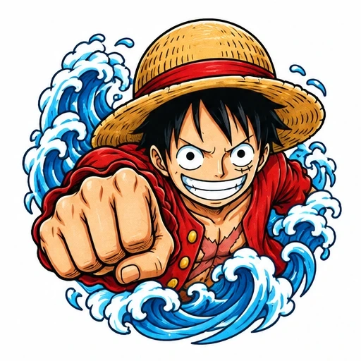 Monkey D. Luffy with fist forward surrounded by stylized ocean waves