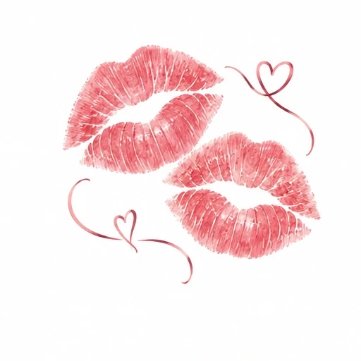 Two red lip prints with flowing ribbon hearts on white background