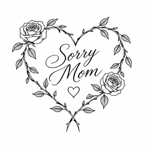 Black line art tattoo of a heart-shaped thorny stem with roses and the phrase 'Sorry Mom' in cursive inside.