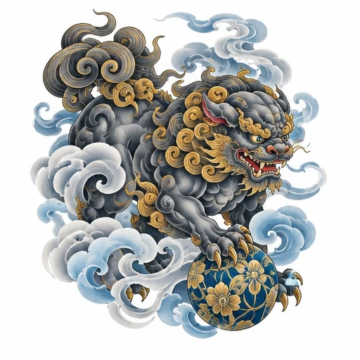 Foo Dog tattoo artwork with golden mane holding a floral ball surrounded by blue and white stylized clouds