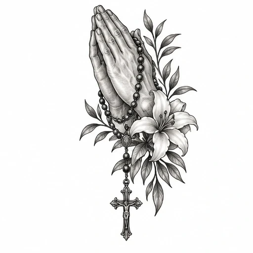 Black and gray tattoo design of praying hands with rosary beads and a lily flower surrounded by leaves