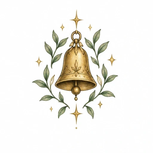 Golden bell with floral design, flanked by green leafy branches and golden shining stars.
