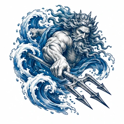 Illustration of Poseidon holding a trident with ocean waves swirling around him