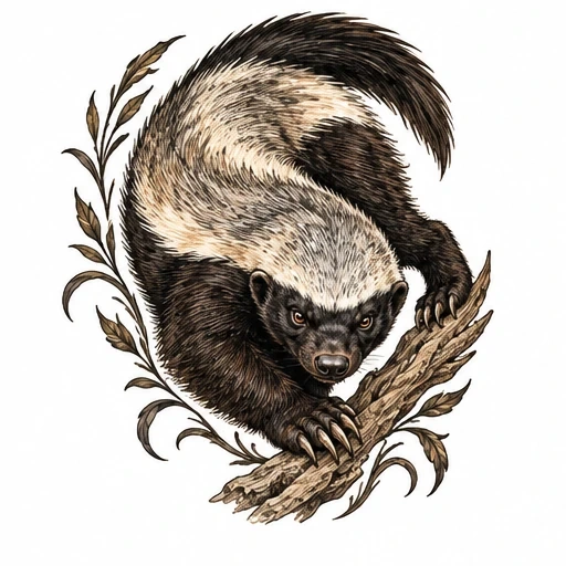Illustration of a honey badger clawing a tree branch with surrounding curved leafy branches.