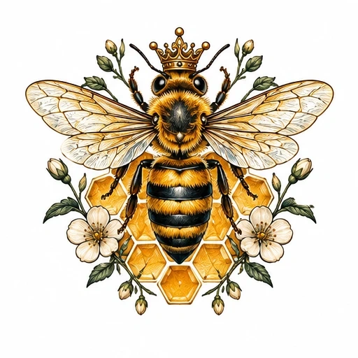 Detailed queen bee with crown, honeycomb and white flowers tattoo design