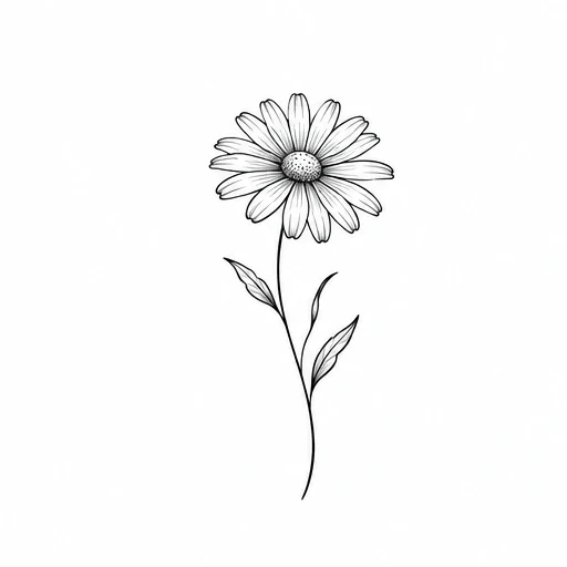 Black line drawing of a single daisy flower with two leaves on a thin stem