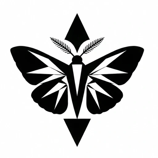 Black geometric butterfly tattoo with negative space patterns and fern-like antennae, flanked by vertical black triangles.