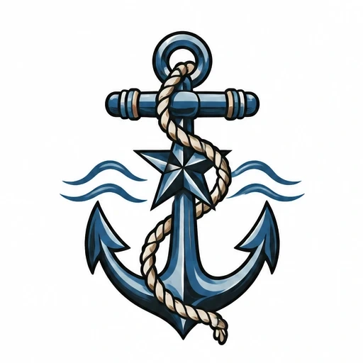 Blue anchor wrapped with beige rope, dark blue star in center, wavy lines beside anchor