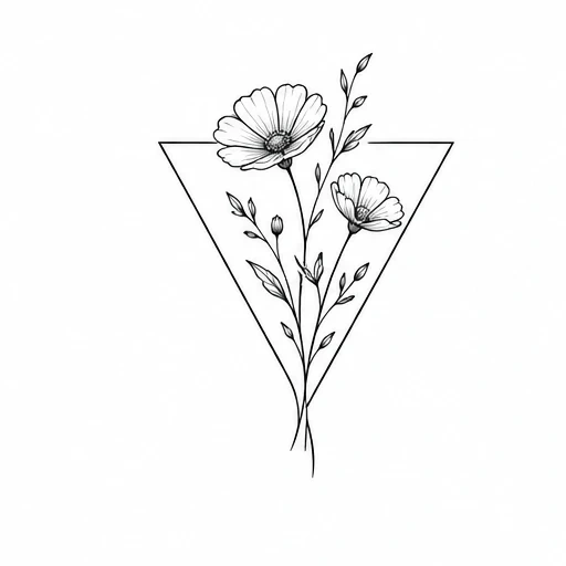Fine line tattoo of two cosmos flowers and a bud inside an inverted triangle frame, black ink on white background.