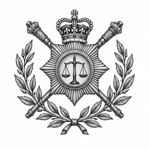 Black and grey constable badge with crown, scales of justice, crossed batons, and laurel wreath
