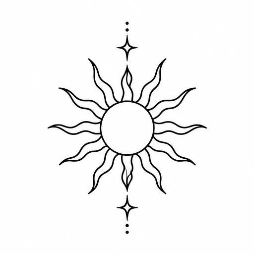 Black linework tattoo design of a sun with wavy flames and stars above and below
