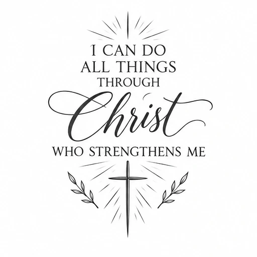 Philippians 4:13 tattoo script with cross and olive branch ornamental elements