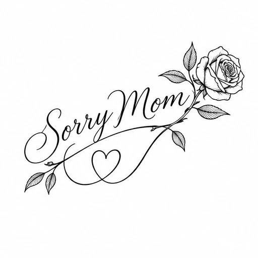Tattoo design with 'Sorry Mom' cursive text entwined with a detailed rose and heart linework.