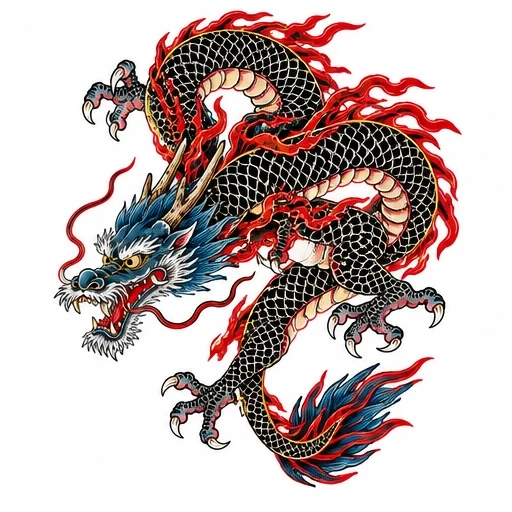 Traditional Japanese black dragon tattoo with red flames and blue mane on white background