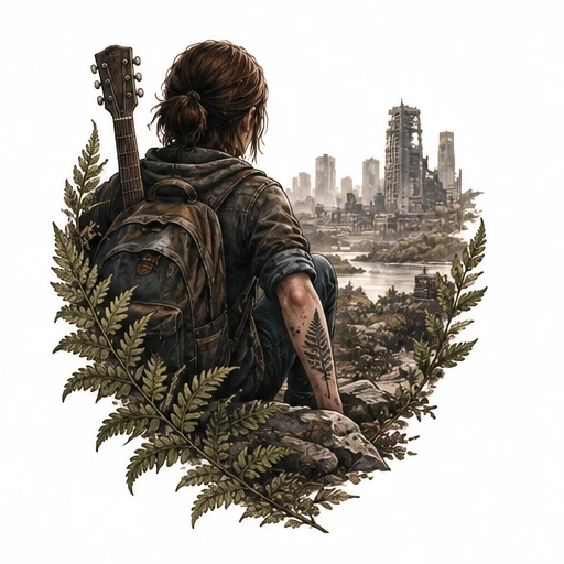 Person with guitar and fern tattoo gazing at ruined city, framed by fern leaves
