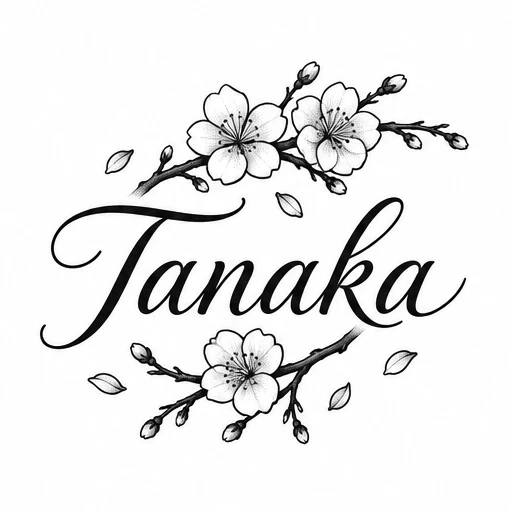 Tattoo of 'Tanaka' in cursive script decorated with black cherry blossom branches and scattered petals.