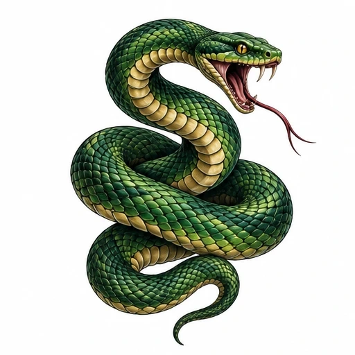 Green coiled snake with open mouth and fangs showing, forked tongue sticking out