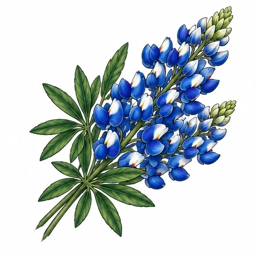 Bluebonnet flower tattoo design with vivid blue petals and green leaves