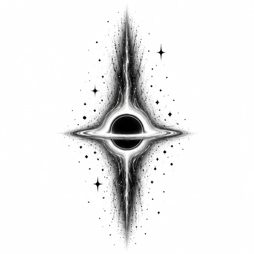 Illustration of a black hole with bright swirling rings, vertical energy wisps, and scattered stars on white background