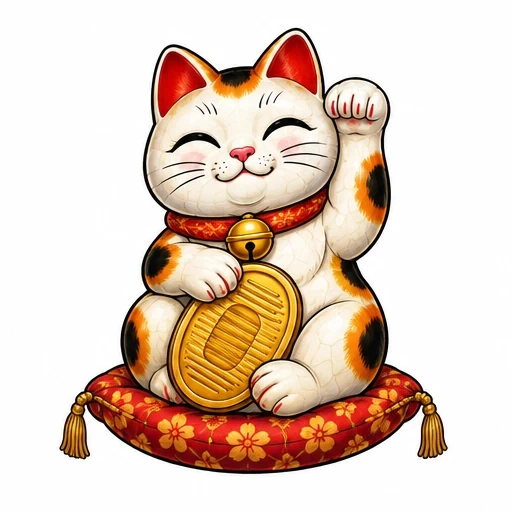 Illustration of a happy white and orange Maneki-neko cat with a raised paw sitting on a red floral cushion holding a gold coin