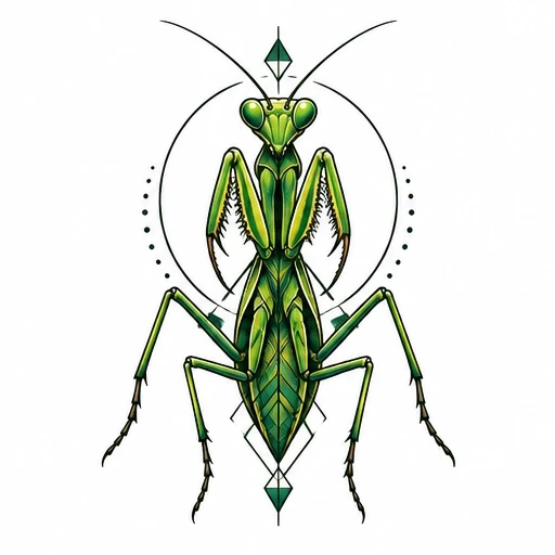 Geometric tattoo design of a green praying mantis with circle and diamond shapes