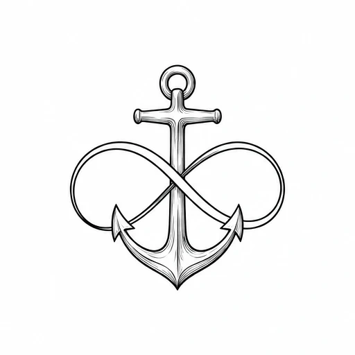 Black line art tattoo of anchor and infinity symbol intertwined