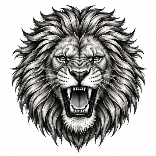 Black and gray tattoo design of roaring lion head with flowing mane
