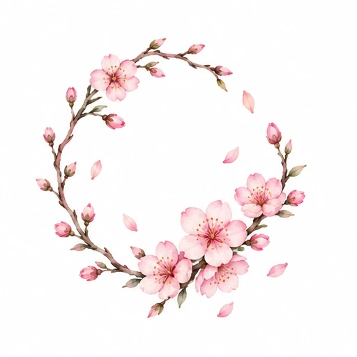 Circular cherry blossom wreath with pink flowers and petals falling