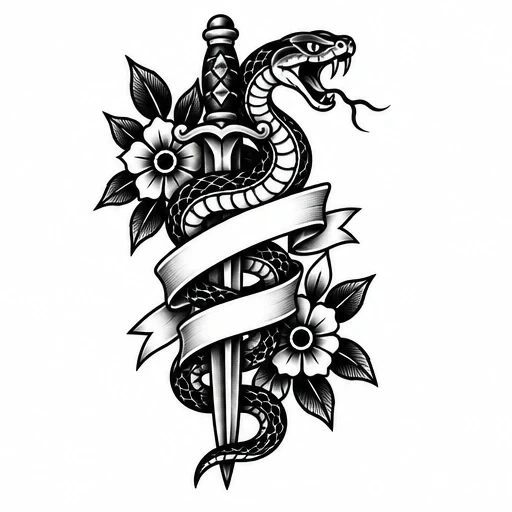 Black and white tattoo design of a snake coiled around a dagger with flowers and a blank banner