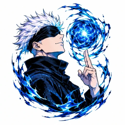 Satoru Gojo with white hair and blindfold, summoning glowing blue energy sphere with swirling blue flames around him.