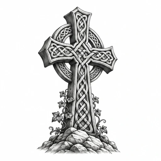 Black and grey Celtic cross tattoo with knotwork and ivy growing around rocky base