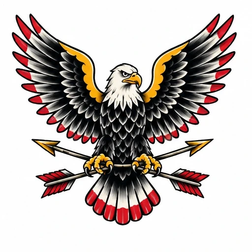 Traditional eagle with open wings clutching crossed arrows in talons, colored in black, red, and golden yellow.