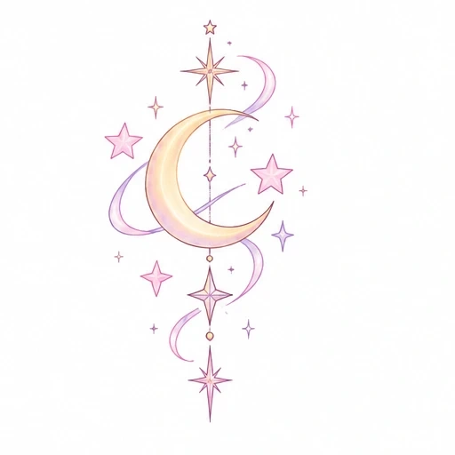 Pastel crescent moon with stars and swirling ribbons in pink and purple