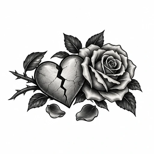 Black and gray tattoo of a cracked heart next to a detailed rose with leaves and thorns, two petals falling below.