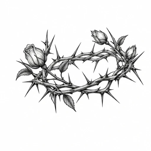 Tattoo design of a thorny crown with three rose buds and leaves in black and grey shading