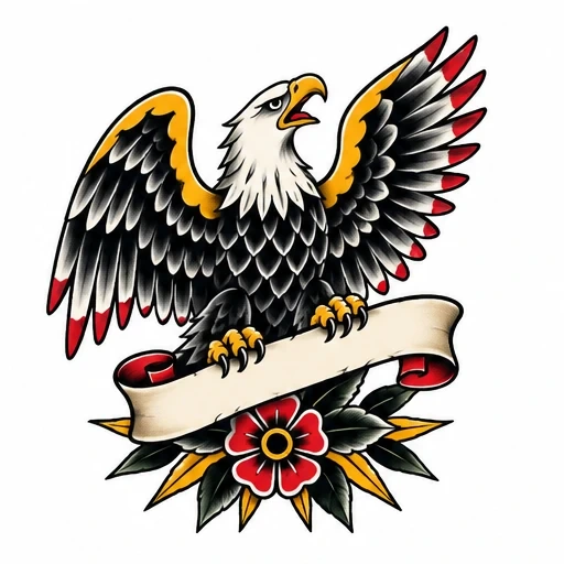 Traditional American eagle tattoo with spread wings, red and yellow details, and a blank banner above a red flower.