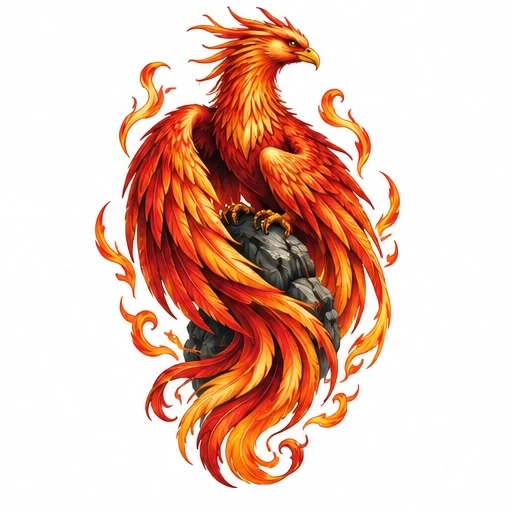Colorful phoenix tattoo perched on black rock, surrounded by flames