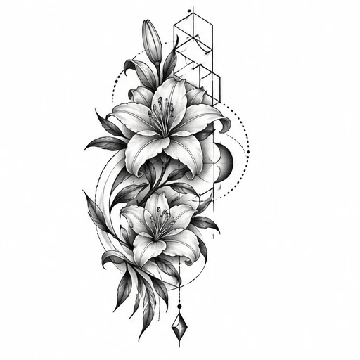 Black and gray tattoo design of two lilies with geometric shapes and dotwork accents