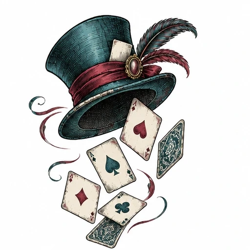 Teal top hat with maroon ribbon, feathers, and five floating aces playing cards with ribbon accents