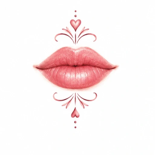 Tattoo design of pink lips with symmetrical heart and line ornaments above and below.