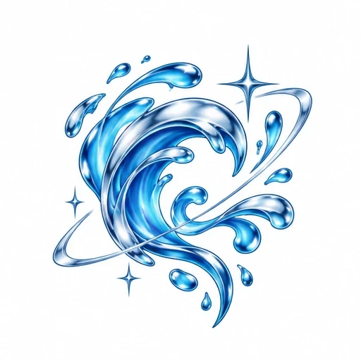 Glossy blue stylized wave surrounded by water droplets and swirling orbit line with star sparkles