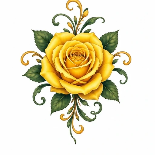 Detailed yellow rose tattoo design with green leaves and swirling accents on white background