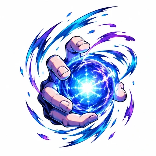Anime-style hand holding glowing blue energy sphere with swirling blue and purple energy streaks