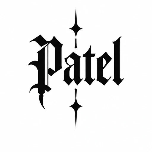 Black Gothic style tattoo lettering spelling 'Patel' with decorative star-like shapes above and below